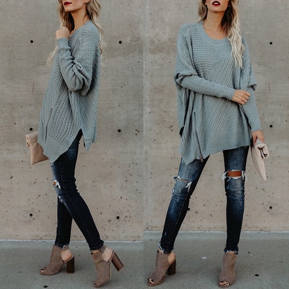 Asymmetrical Zipper Detail Loose Knit Sweater Blue - Picture 2 of 4